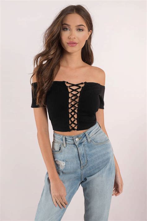 Cute Black Crop Top Lace Up Crop Top Off Shoulder Top 23 Tobi Us