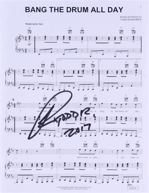 Todd Rundgren Signed Bang The Drum All Day 8 5x11 Sheet Music Photo Jsa Coa Pristine Auction