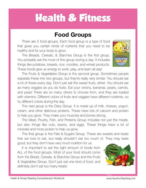 Food Groups Health And Fitness Reading Comprehension Worksheet Have