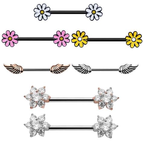 2pcs High Quality Zircon Flower And Wing Dangle Nipple Piercing Shields Bars 14g 316l Surgical