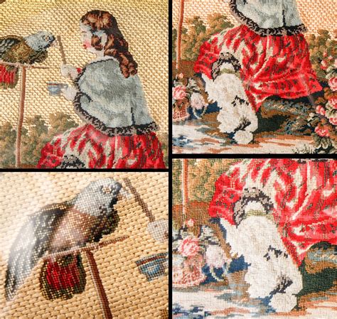 Antique English Victorian Needlepoint Of Queen Victoria And Pets From