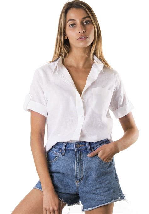 Febe Short Sleeve White Casual Linen Camp Shirt Ladies Tops Fashion Linen Shirts Women