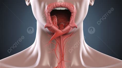 턱선 밖으로 튀어나온 열린 입을 통한 흐름을 보여주는 인간 목의 3차원 렌더링 패혈성 인두염이 있는 목 사진 배경 일러스트 및