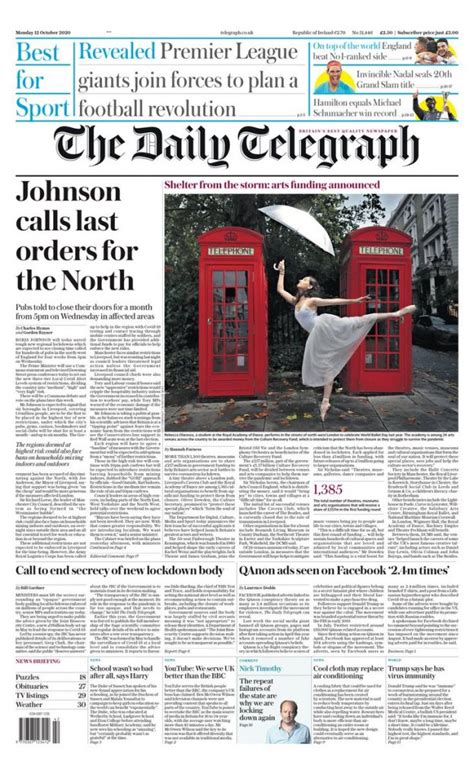 Daily Telegraph Front Page 12th Of October 2020 Tomorrow S Papers Today