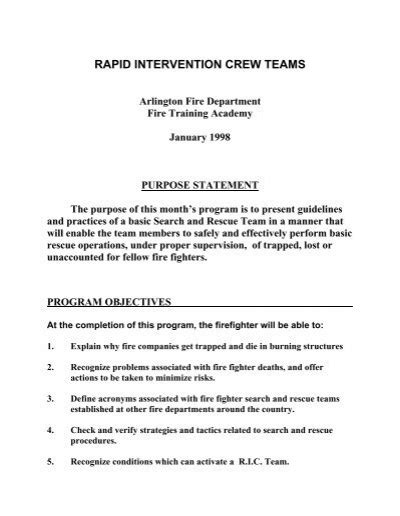 Rapid Intervention Crew Teams Lesson Plan