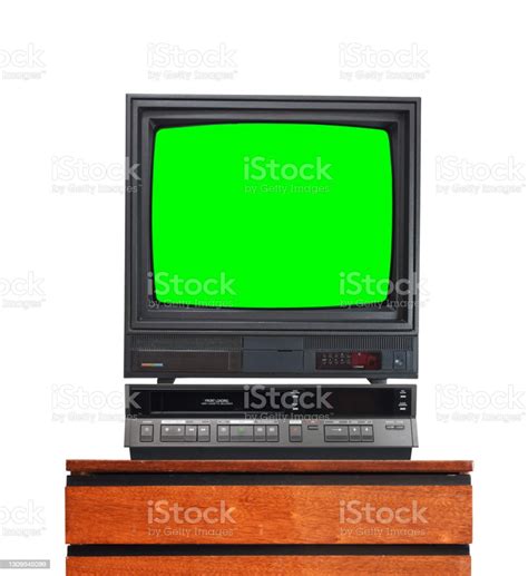 Old Tv Set With Cut Out Green Screen And Vcr Isolated On White Stand On
