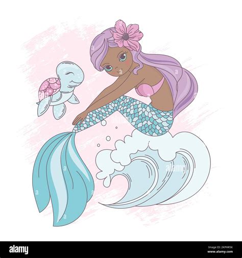 wave mermaid dark skinned princess girl with pink flower in long purple hair sits on the wave