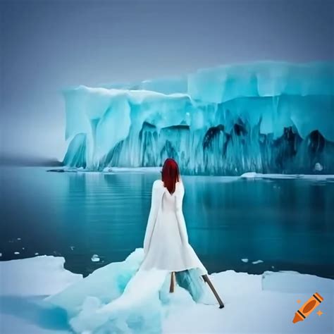 Woman In White Dress And High Heels Standing In Ice Landscape On Craiyon