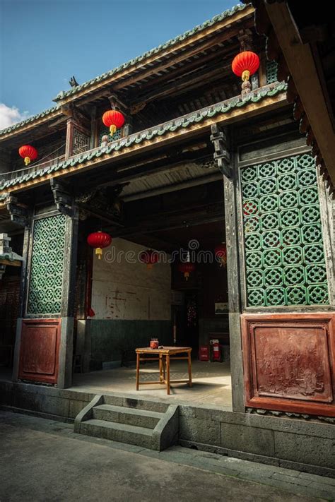 Antique Chinese Building Entrance Adorned With Red Lanterns Fujian