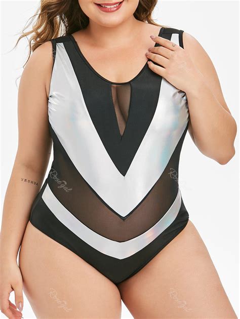 Plus Size Metallic Two Tone Mesh Insert Backless Swimsuit [52 Off] Rosegal