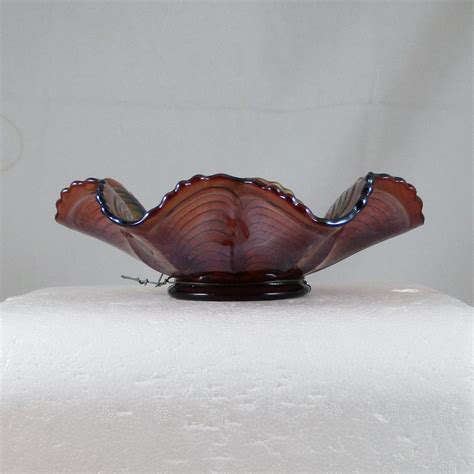Antique Fenton Peacock Tail Amethyst Carnival Glass Ruffled Bowl Carnival Glass