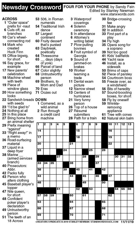 Newsday Crossword Solution Today Free Printable