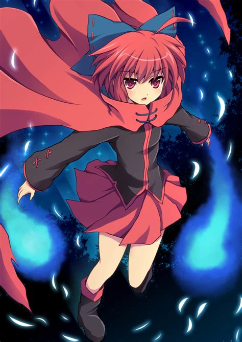 Safebooru 1girl Bow Cape Cross Crossryou Hair Bow Red Eyes Redhead Sekibanki Short Hair Solo