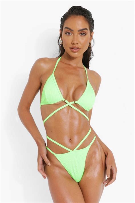 ribbed triangle wrap tie bikini top boohoo