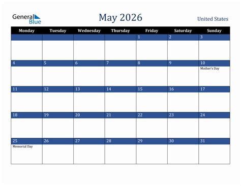 May 2026 United States Holiday Calendar