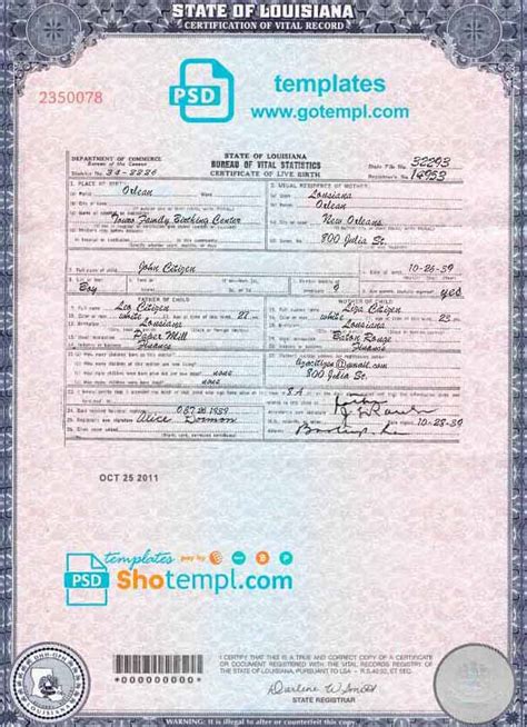 Usa Louisiana State Birth Certificate Template In Psd Format Fully