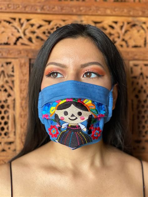 Embroidered Denim Face Mask Mexican Doll Face Mask Reusable Etsy