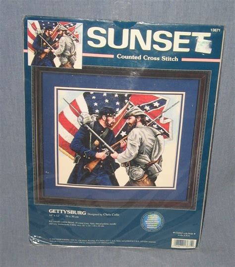 Sharon earley of the american red cross in san antonio, texas, bought on ebay an old bucilla yarn booklet, entitled practical, warm hand knits for service men, full of instructions for knitting items for military men during world war ii. Gettysburg Counted Cross Stitch Sunset Kit Chris Calle ...