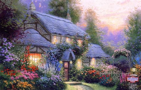 Summer Flowers Comfort Heat Calm Silence The Evening House Cottage Thomas Kinkade