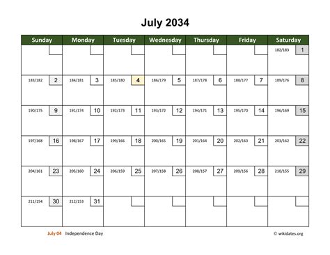 July 2034 Calendar With Day Numbers