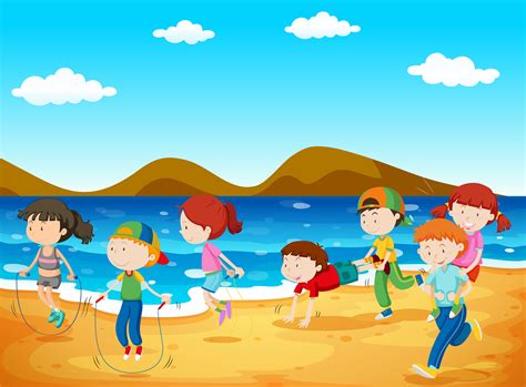 Niños Felices Jugando En La Playa 455750 Vector En Vecteezy