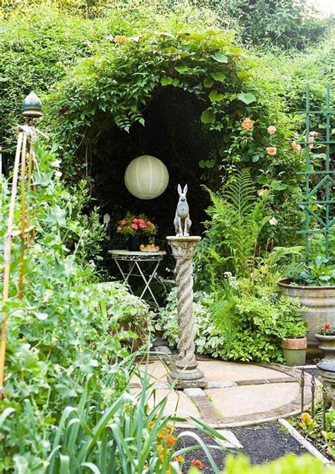 Whimsical Garden With Statue And Trellis With Climbing Plant And Paper