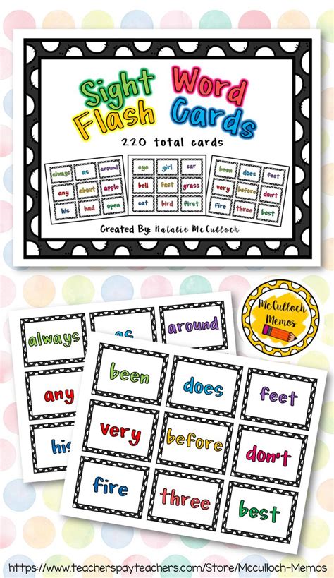 220 Dolch Sight Word Cards In Varying Colors With Black Polka Dot