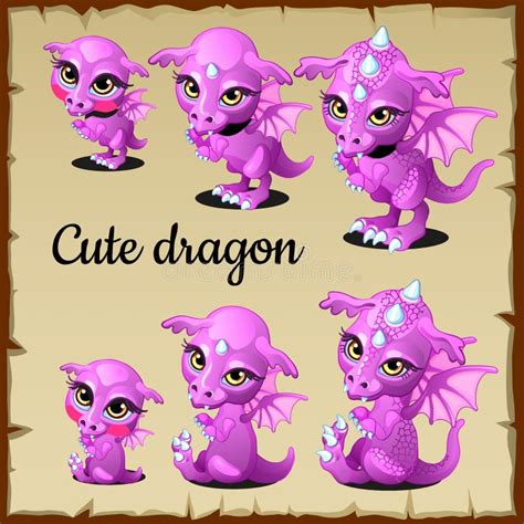 Set Of Little Pink Dragon On A Parchment Stock Vector Illustration Of