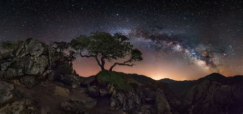 Nature Landscape Starry Night Milky Way Trees Mountains Lights