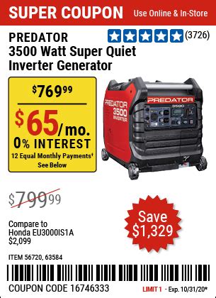 Totally different generator (not an inverter). PREDATOR 3500 Watt Super Quiet Inverter Generator for $769 ...
