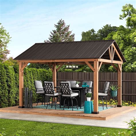 Sunjoy Apollo 12 Ft X 10 Ft Cedar Framed Gazebo With Brown Steel Gable Roof Hardtop The Home