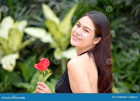 Smiling Beautiful Filipina Female With Flowers Stock Photo Image Of