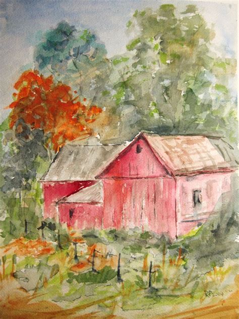 Red Barn Print Of Original Watercolor Painting Double Matted 10x8 And