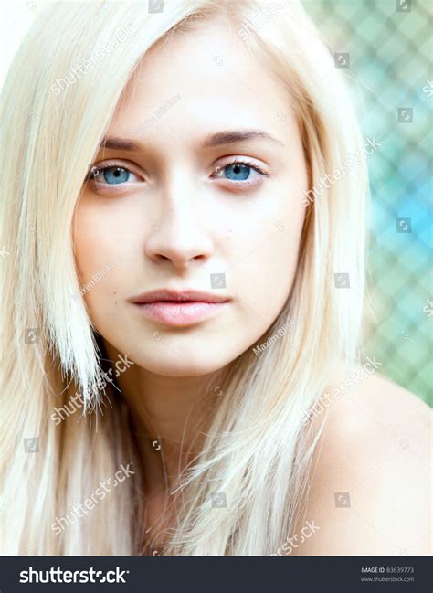 Portrait Attractive Beautiful Blonde Girl Blue Stock Photo