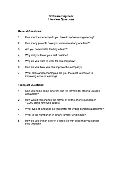 Software Engineer Interview Questions Template Printable Pdf Download