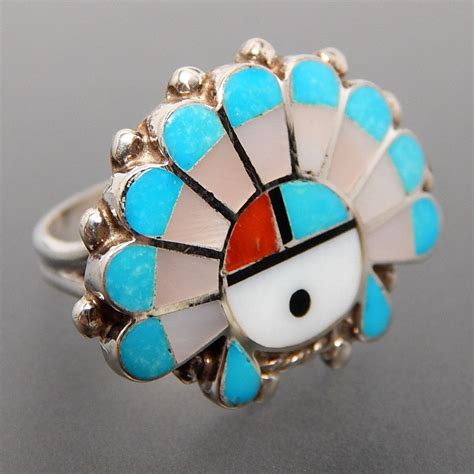 NATIVE AMERICAN ZUNI TURQUOISE MOTHER OF PEARL CORAL JET INLAY SUN
