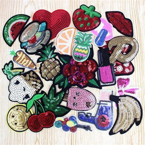 24pcs lot mixed fruit lips sequin patches hot iron on embroidery clothes patches for girls diy