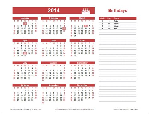 Yearly Birthday Calendar Template For Excel You Can Update The Year