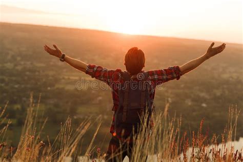 Man Enjoying Freedom While Traveling In Nature Stock Image Image Of