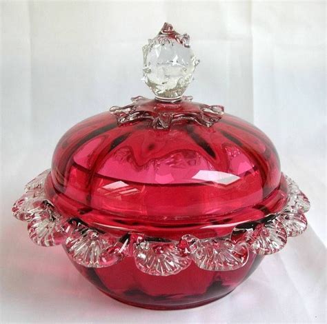 Antique Cranberry Glass Covered Frilled Bowl Powder Bowl Cranberry Glass Cranberry