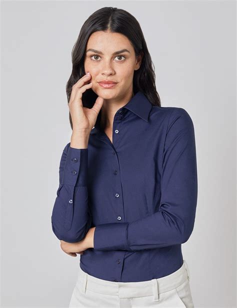 Easy Iron Cotton Stretch Plain Womens Fitted Shirt With High Long Collar And Single Cuff In
