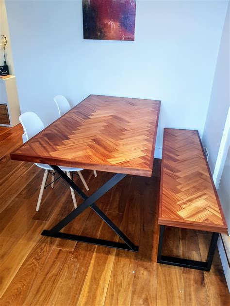 The reddit user says she was inspired by a gold and marble leilani tulip dining table, which cost $549. Built a Parquet Dining Table & Matching Bench #handmade # ...