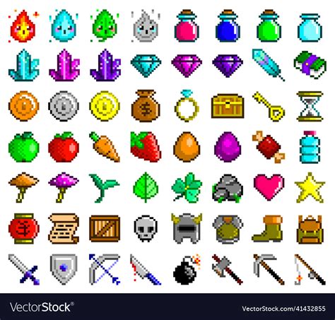 Pixel Art Icons Set Game Assets Items Vector Image
