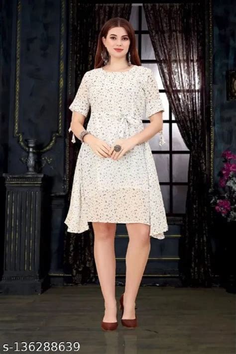 Printed White Georgette Ladies One Piece Dress 34th Sleeves Casual Wear At Rs 320piece In Surat