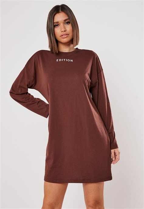 Brown Embroidered Slogan Oversized T Shirt Dress | Missguided