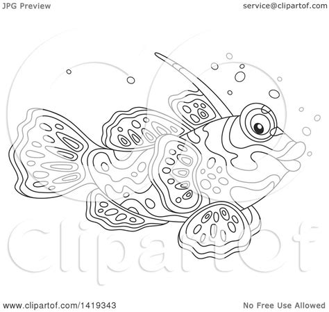 Clipart Of A Black And White Lineart Mandarin Dragonet Marine Fish