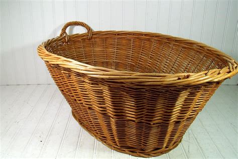 Vintage Large Oval Wicker Laundry Basket Handwoven One