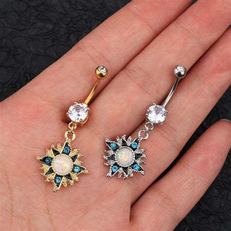 14g 316l Stainless Steel Dangle Belly Button Ringopal Cz Etsy