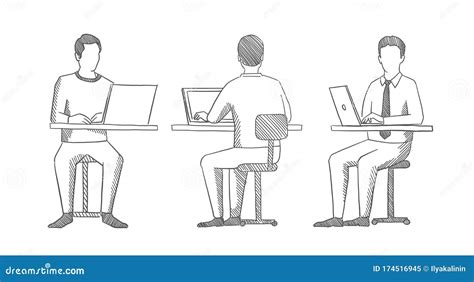 Man Sits At A Laptop Front And Back View Office People Sketch