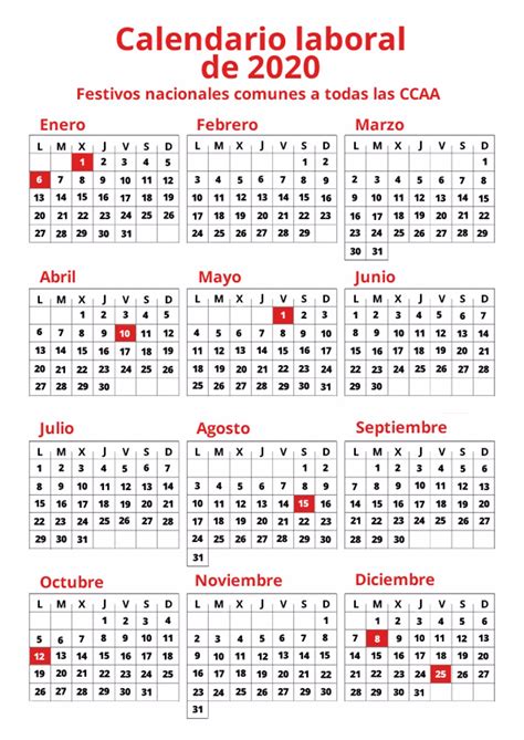 Calendario laboral de 2020 los festivos en España y en las comunidades